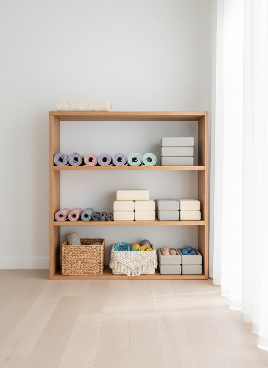 An elegant corner of a Pilates studio features an open shelving unit made of warm, light wood, neatly stocked with rolled pastel-toned mats, uniformly stacked foam blocks, and woven baskets holding small props like bands and soft balls. A folded, cream-colored blanket sits on the top shelf, adding softness to the scene. Natural daylight filters through sheer curtains from a nearby window, bathing the shelves in a soft, diffused glow that highlights the organization and cleanliness. The floor is immaculate pale oak, and the surrounding walls are a pure, uncluttered white. Photographed straight-on with sharp focus throughout and a clean, photographic realism style, the mood is orderly, serene, and professional, suggesting a carefully curated space for personalized Pilates sessions.