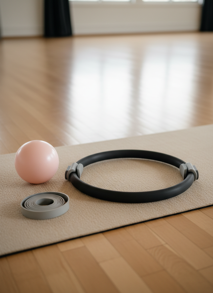 A close-up, photographic-realism shot of a Pilates ring, its matte black frame and soft foam handles resting diagonally across a subtly textured sand-colored mat. Next to it lies a small, pale pink stability ball and a neatly coiled light-grey resistance band, their surfaces catching soft, overhead studio lighting. The background fades into a gentle blur, hinting at a spacious, uncluttered studio floor in warm wood tones. Captured from a slightly elevated angle with a shallow depth of field, the composition feels intimate and intentional. The mood is calm yet purposeful, emphasizing the precision and focus of Pilates work, perfectly aligned with a professional women’s fitness brand that values detail and quality.