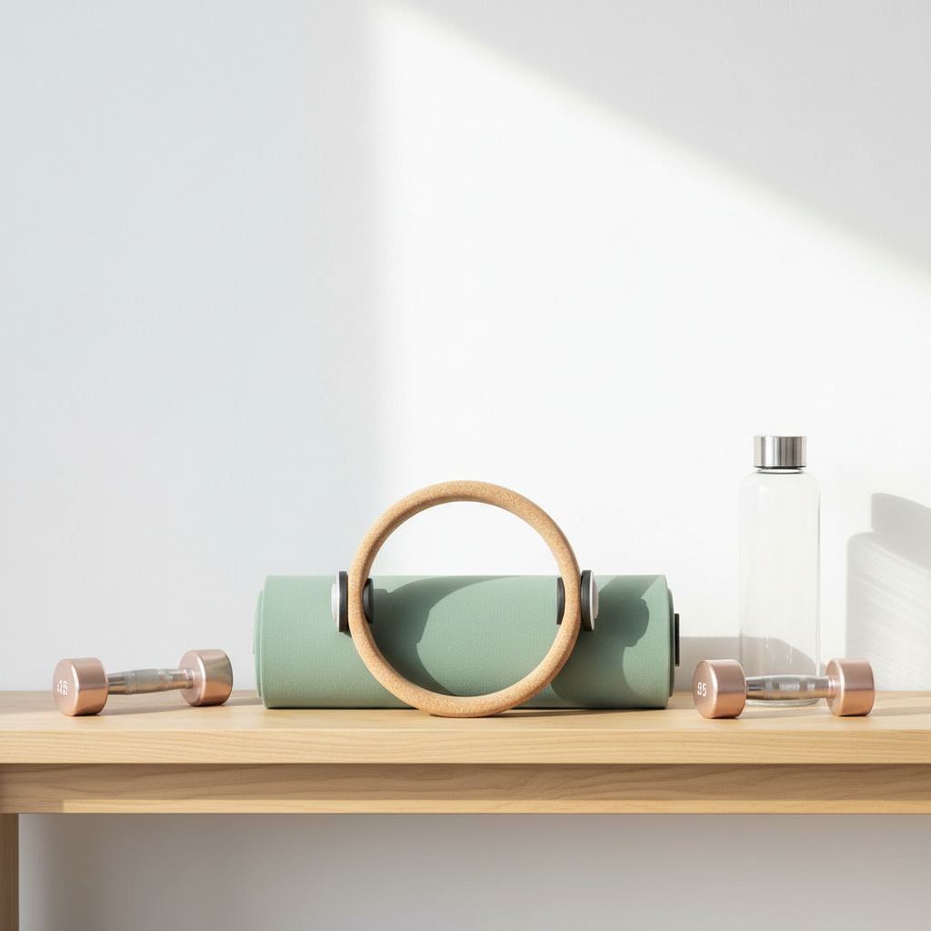 A curated collection of Pilates and fitness accessories is arranged with intentional symmetry on a pale wooden bench: a neatly folded eucalyptus-green Pilates mat, a pair of light rose-gold dumbbells, a cork Pilates ring with a natural matte finish, and a clear glass water bottle with a minimalist design. Behind them, a clean white wall features a faint reflection of diffused daylight. Soft, even natural lighting from the right creates gentle shadows and enhances textures without harsh contrast. The composition follows the rule of thirds, captured at eye level with crisp focus and a subtly blurred background. The overall mood is calm, refined, and feminine, reflecting a professional Pilates practice tailored specifically to women’s fitness and wellbeing.