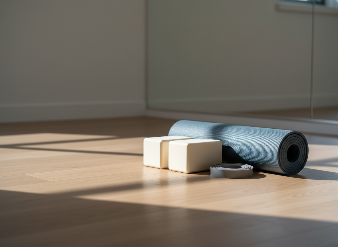 A neatly rolled, high-quality Pilates mat in a muted slate blue, its textured surface clearly visible, rests on a light oak studio floor. Around it, simple, well-maintained props—a pair of small foam blocks and a subtle grey resistance band—are arranged with care, suggesting an organized, professional space. Soft morning daylight streams through an unseen window, creating gentle, elongated shadows and a calm, airy atmosphere. The background is softly blurred, hinting at clean white walls and a mirror edge without distractions. Photographed at eye level with a shallow depth of field, the image feels serene, minimalist, and professional, perfectly suited to a women-focused Pilates business emphasizing personalized, high-end fitness.