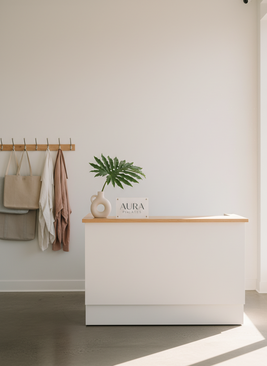 A serene, sunlit studio front area designed for a women-focused Pilates business, featuring a minimalist reception desk in matte white with a light wood countertop. On the counter sits a small, sculptural vase holding a single leafy green branch, and a discrete sign displaying the studio name in elegant sans-serif lettering. Behind, clean white walls and neatly arranged wooden hooks hold a few neutral-toned tote bags and lightweight jackets. Soft afternoon light streams through unseen windows, creating a warm, inviting glow and gentle shadows on the floor. Photographed at eye level with moderate depth of field and photographic realism, the atmosphere is professional, calm, and welcoming, suggesting a personalized, boutique fitness experience.