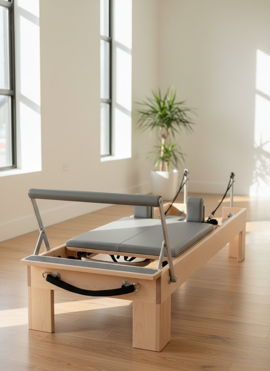 A polished Pilates reformer made of pale beech wood and brushed metal stands centered in a spotless studio, its padded carriage upholstered in dove-grey faux leather with precise stitching. The ropes, pulleys, and springs are neatly aligned, conveying precision and quality. Sunlight filters in from tall windows to the left, casting soft, directional light that highlights the reformer’s contours and creates subtle reflections on the metal components. The studio surroundings are minimal and modern: smooth white walls, light hardwood floor, and a single tall plant softly blurred in the background. Captured from a slightly elevated three-quarter angle in photographic realism, the mood is professional, inviting, and focused, emphasizing expert, tailored Pilates training.